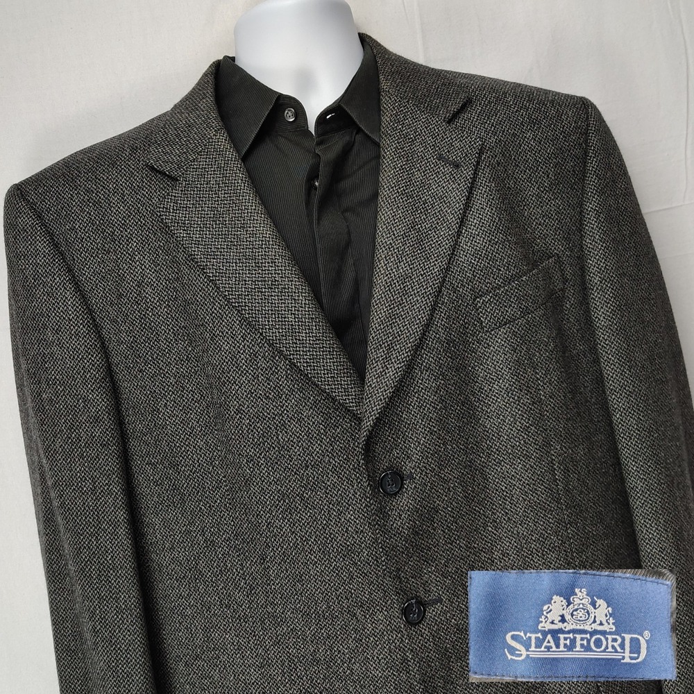 VTG Stafford 44L Dark Gray Wool & Cashmere Chevron Tweed 3 Button Blazer Jacket